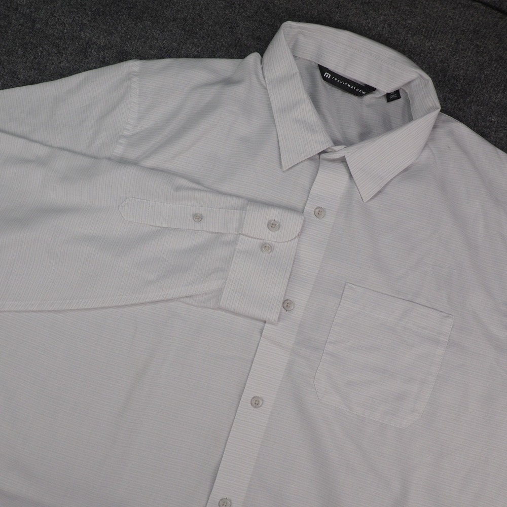 TravisMathew Shirt Mens 2XL Button Down White Striped Golf Performance Office